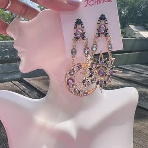 Betsey Johnson sun and moon purple white stones earrings drops gold tone